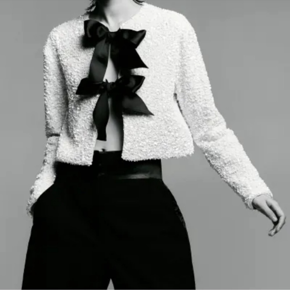 H&M Tie-front Sequined Jacket Off White/black bow sz XS, S, M, L